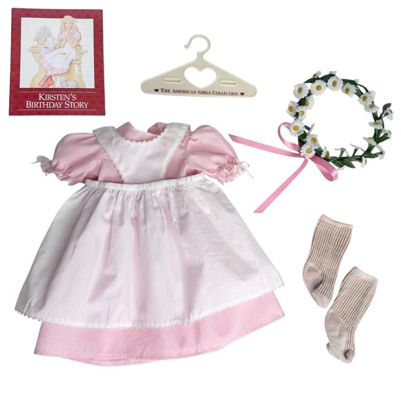 American Girl Kirsten Birthday Outfit Pleasant Co Doll Dress Apron Socks Wreath - Picture 5 of 11